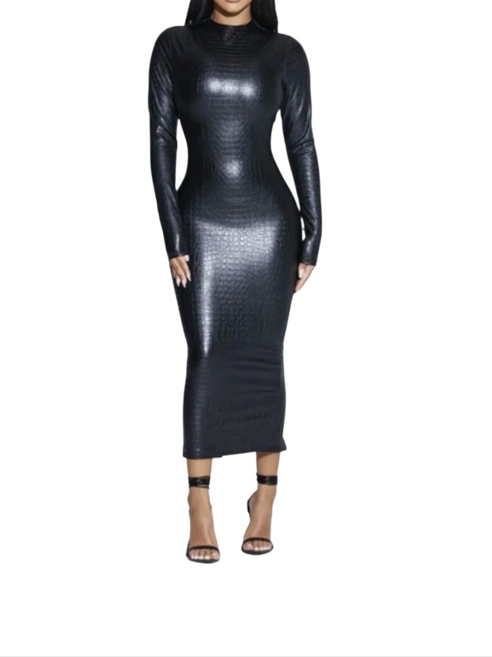 Naked Wardrobe Faux Leather Crocodile Mock Neck Midi Dress M